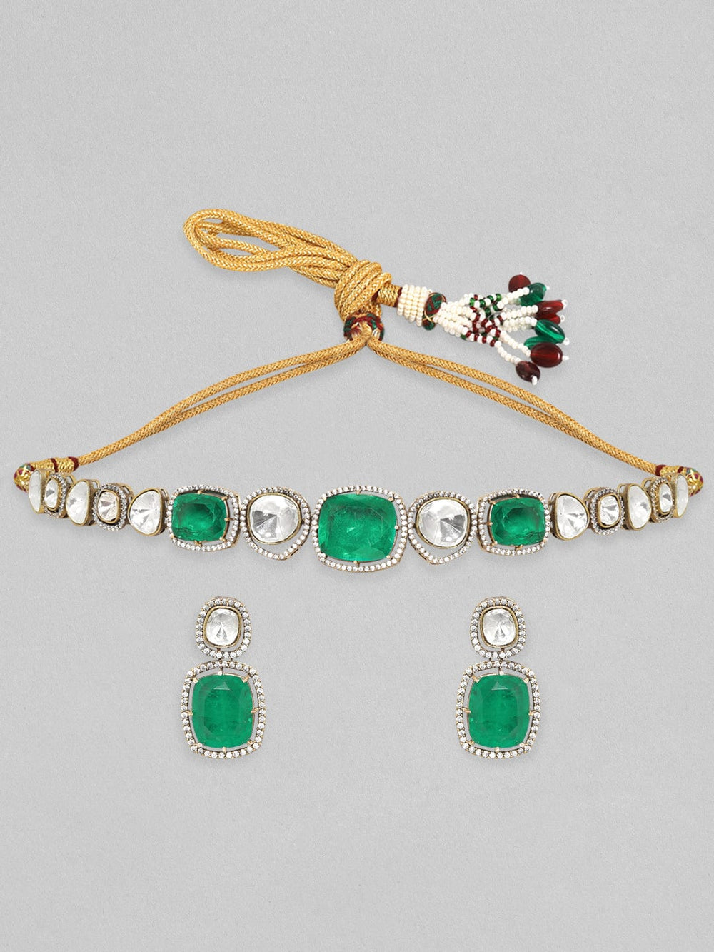 Rubans Antique Gold Plated Brilliant Cut Zirconia & Kundan, Emerald Green Doublet Vintage Royal Choker Set Necklace Set