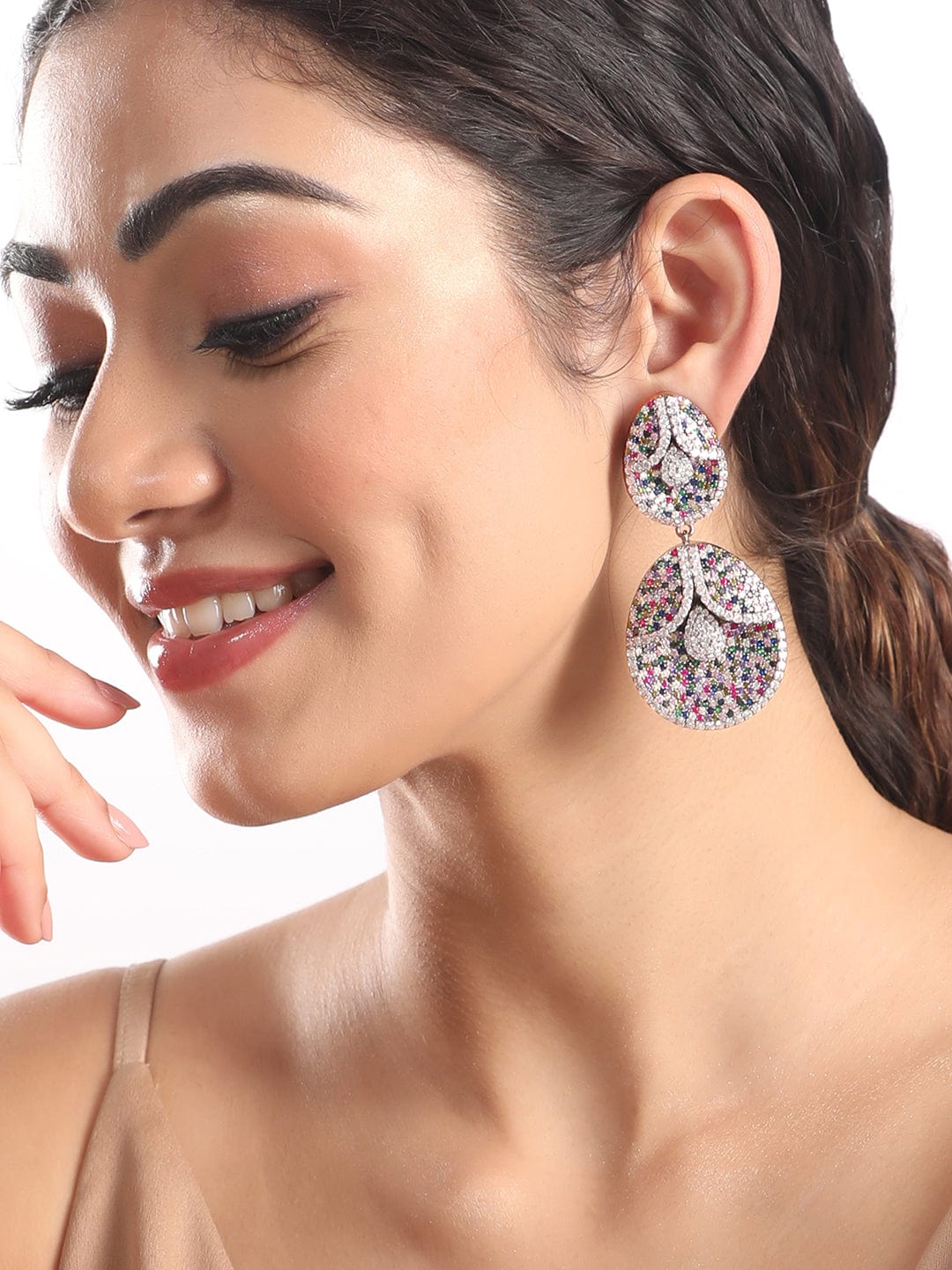 Rubans Antique Gold Plated Multicolour Pave Zirconia Studded Statement Dangle Earrings Earrings