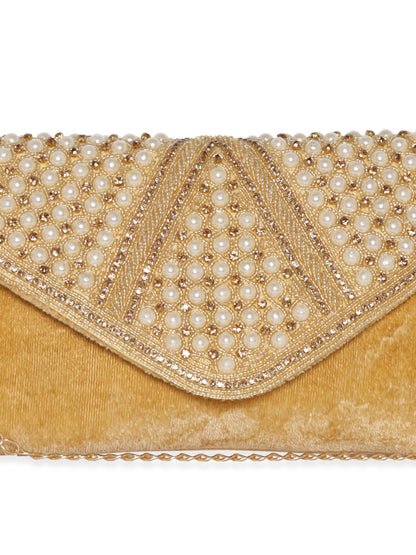 Rubans Beige Clutch with Stone and Pearl Embellishment Handbag, Wallet Accessories &amp; Clutches