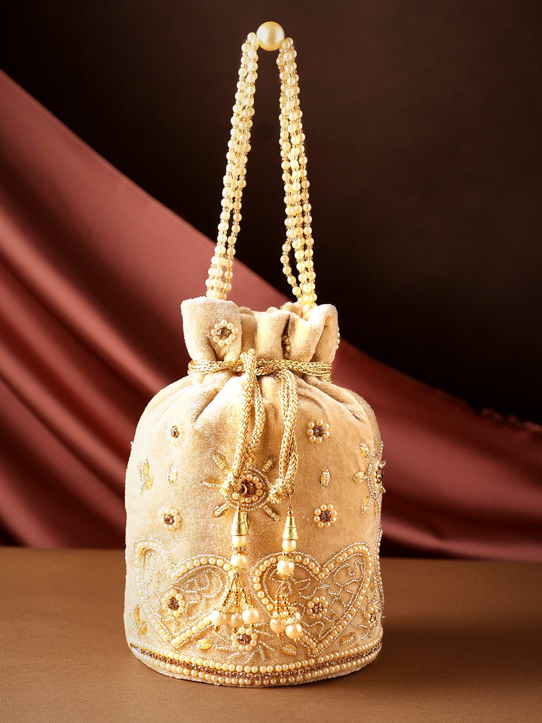 Rubans Beige Potli Bags with Beads and Stones Bags