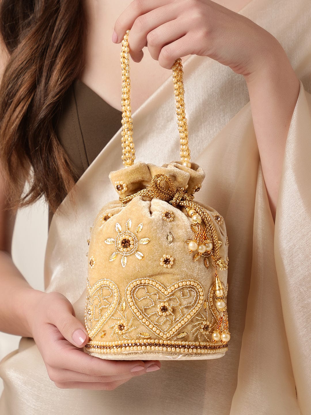 Rubans Beige Potli Bags with Beads and Stones Bags
