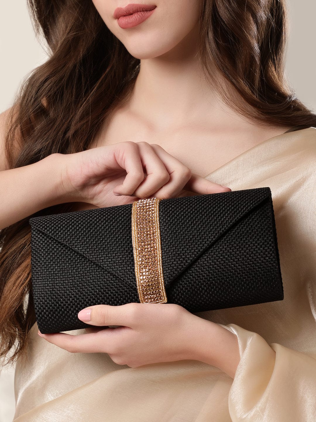 Rubans Black Stone Studded Clutch Bag Handbag, Wallet Accessories &amp; Clutches