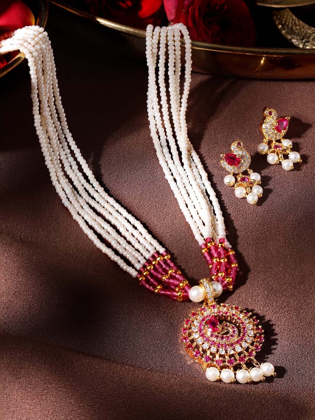 Rubans Blushing Elegance White Beaded Pink Stone AD Necklace Set Jewellery Sets