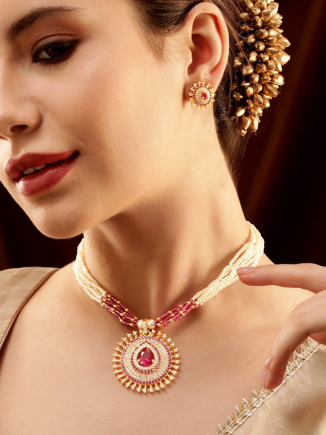 Rubans Blushing Elegance White Beaded Pink Stone AD Necklace Set Jewellery Sets