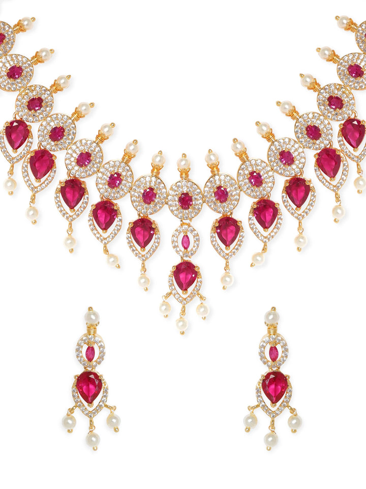 Rubans Blushing Elegance: White Beaded Pink Stone AD Necklace Set Jewellery Sets