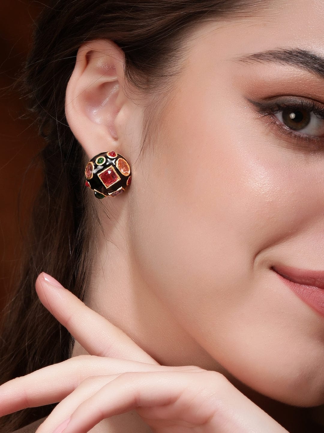 Rubans Brass handcrafted multicolour zirconia studded black enamel stud earring Earrings