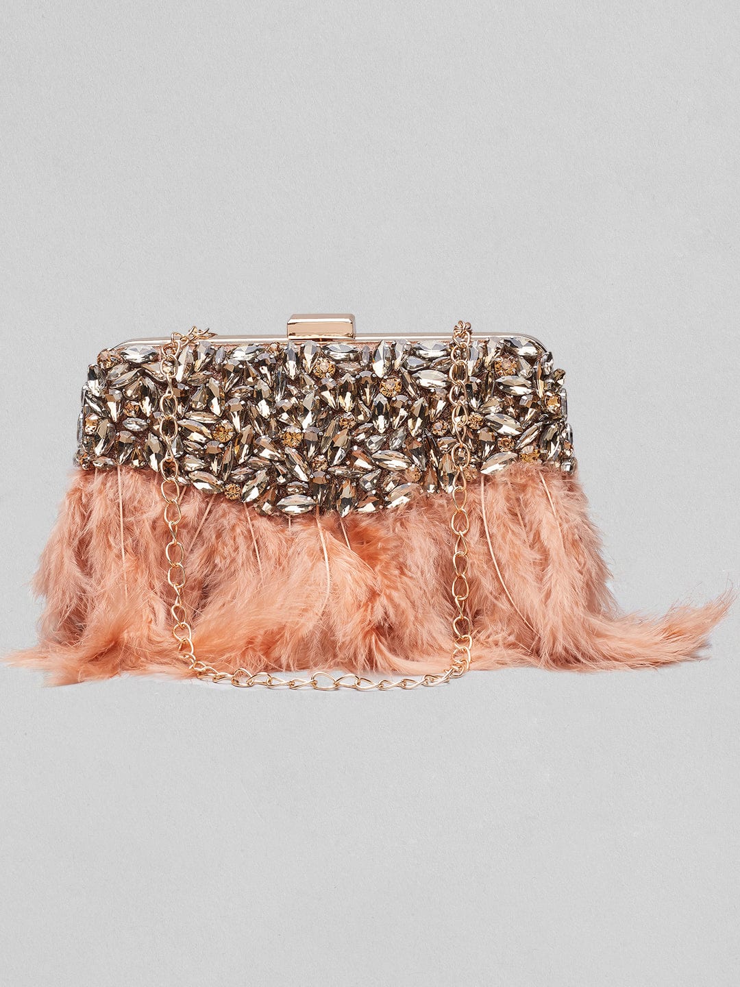 Rubans Brown Colour Clutch Bag With Studded Stone And Brown Fur. Handbag &amp; Wallet Accessories