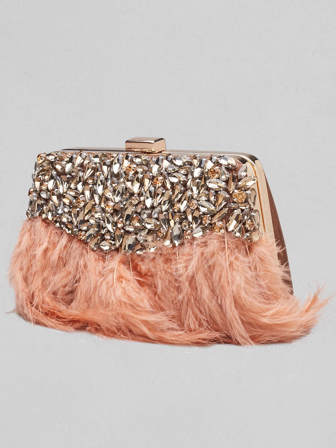 Rubans Brown Colour Clutch Bag With Studded Stone And Brown Fur. Handbag &amp; Wallet Accessories