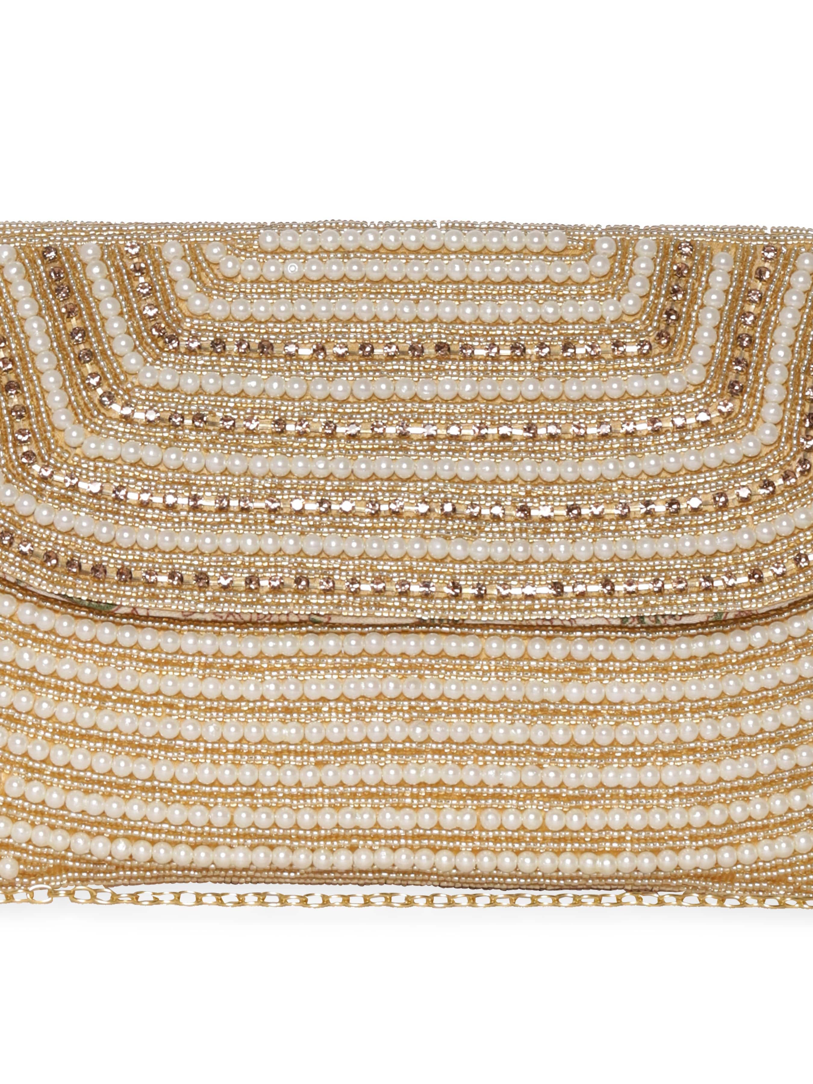 Rubans Clutch Embellished with Pearls and Stones Handbag, Wallet Accessories &amp; Clutches