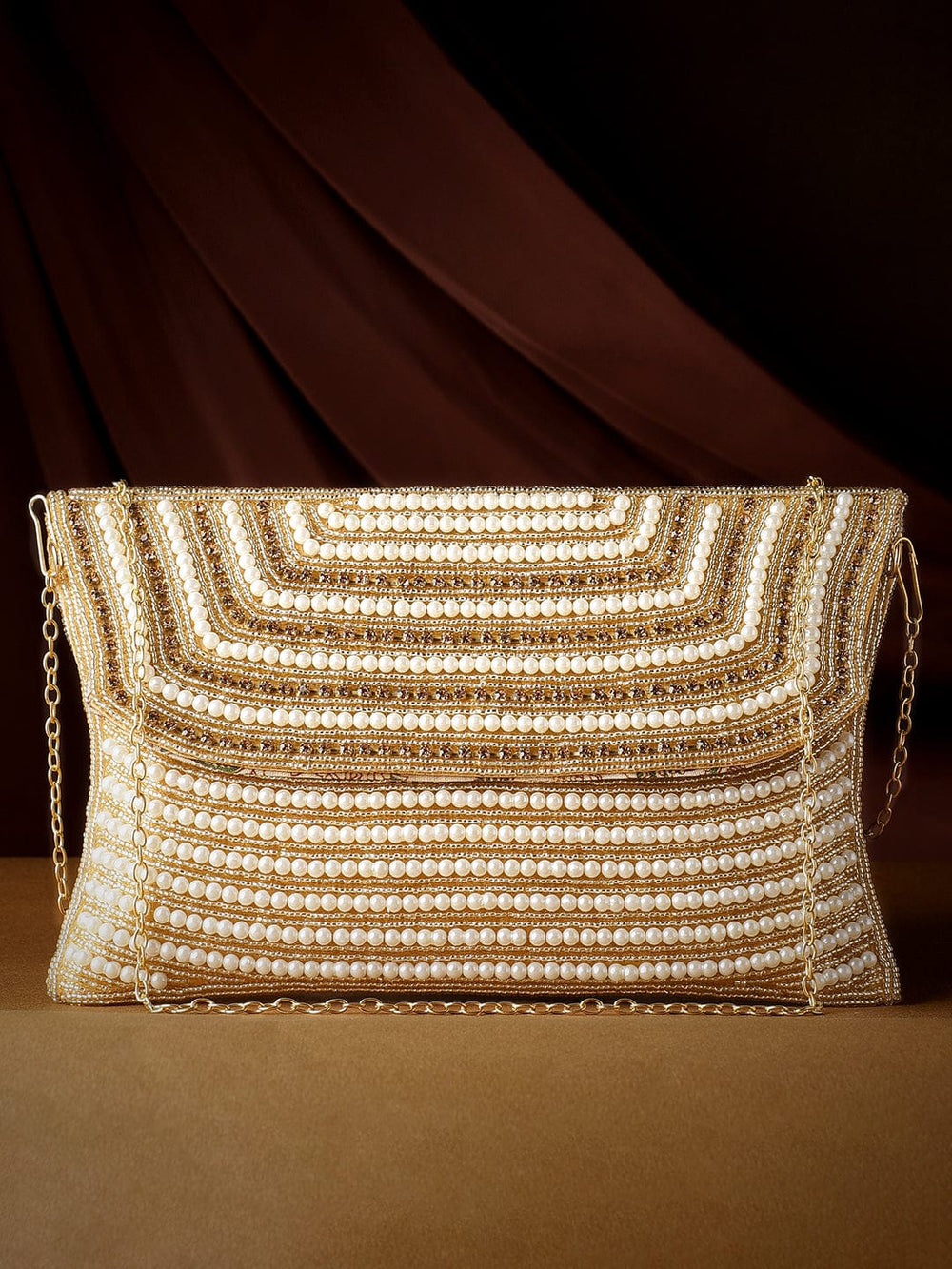 Rubans Clutch Embellished with Pearls and Stones Handbag, Wallet Accessories & Clutches