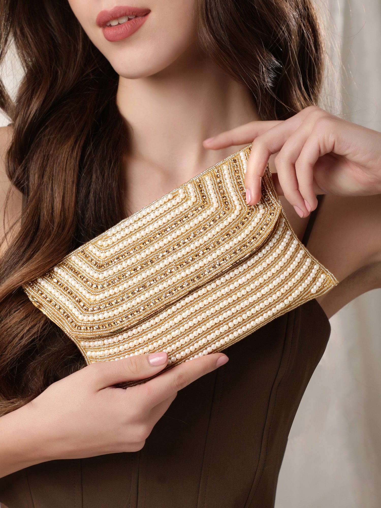 Rubans Clutch Embellished with Pearls and Stones Handbag, Wallet Accessories &amp; Clutches