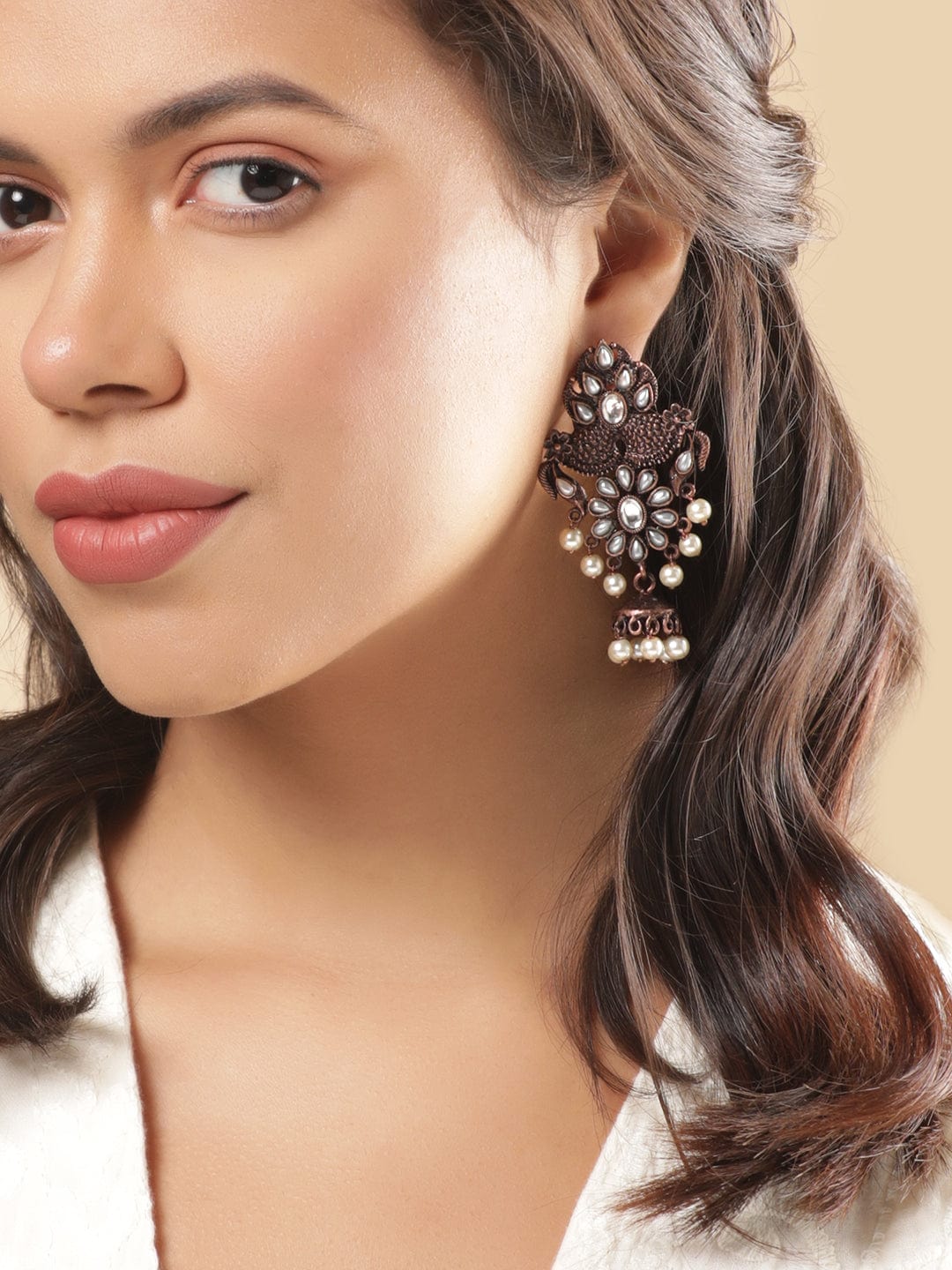 Rubans Copper Plated Artificial Stones Studded Floral Drop Earrings Earrings