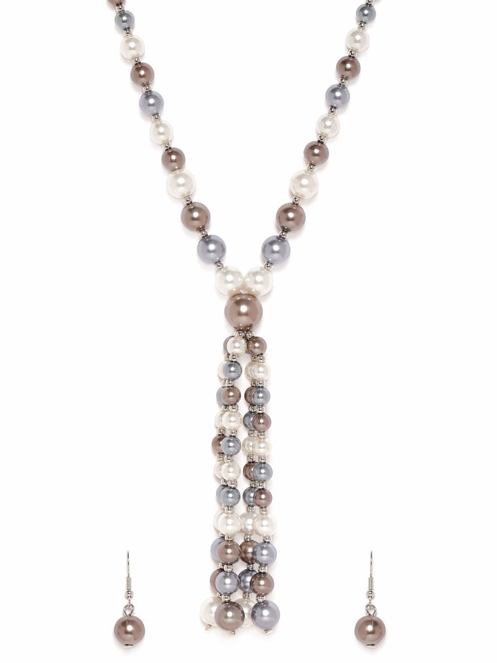 Rubans Cream & Blue Pearl Beaded Classy Tassels Long Necklace set Jewellery Sets
