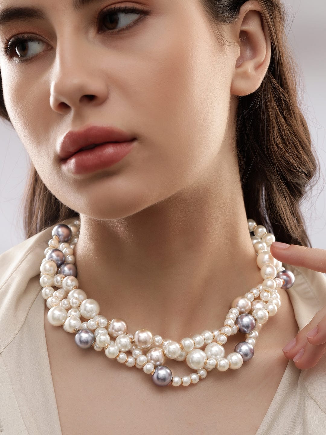 Rubans Cream & Blue pearl beaded multilayer Contemprory Chunky Necklace Necklaces