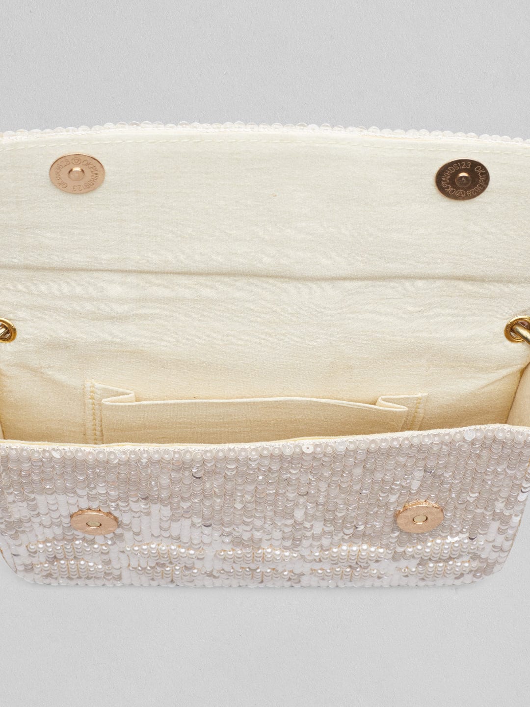 Rubans Cream Colour Handbag With Embroided Design And Pearls Handbag, Wallet Accessories &amp; Clutches