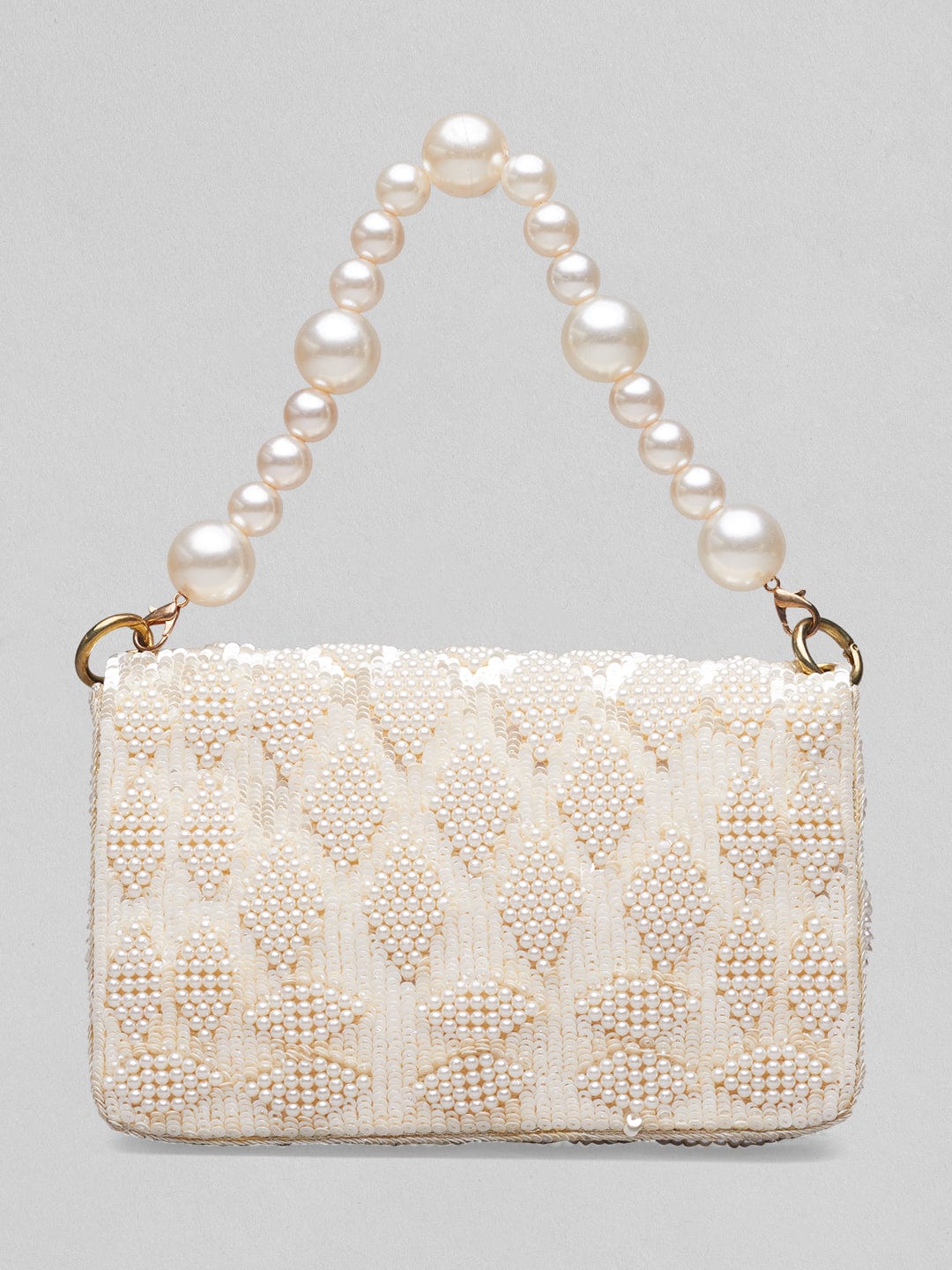 Rubans Cream Colour Handbag With Embroided Design And Pearls Handbag, Wallet Accessories &amp; Clutches