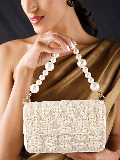 Rubans Cream Colour Handbag With Embroided Design And Pearls. Handbag, Wallet Accessories &amp; Clutches