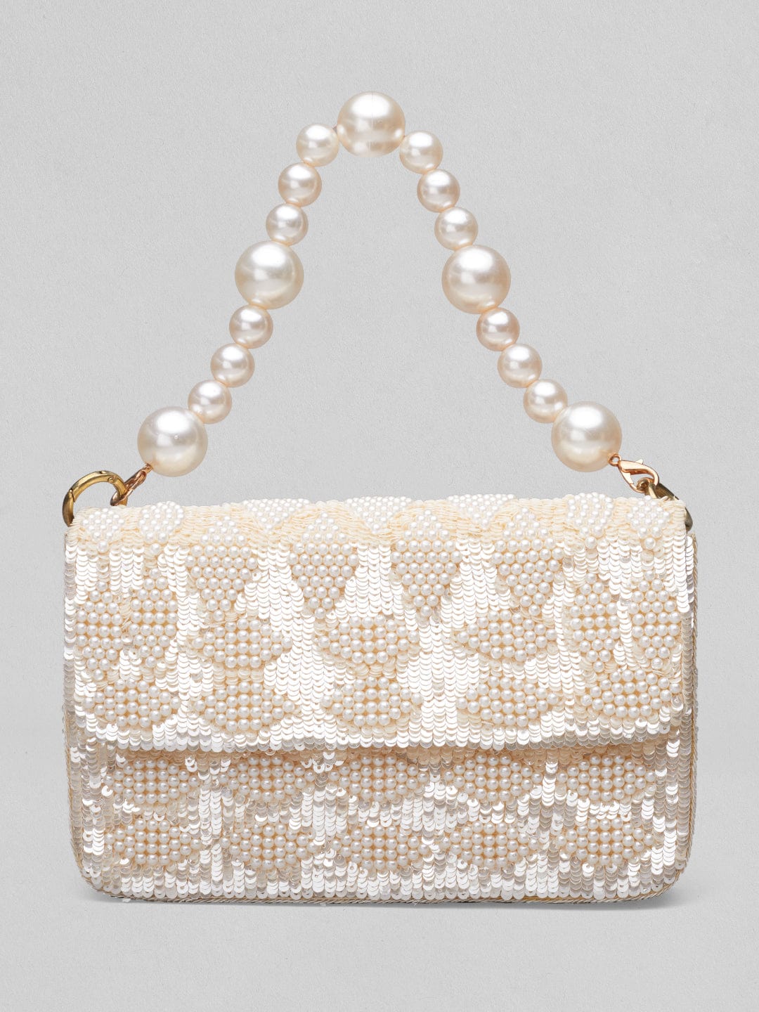 Rubans Cream Colour Handbag With Embroided Design And Pearls. Handbag, Wallet Accessories &amp; Clutches