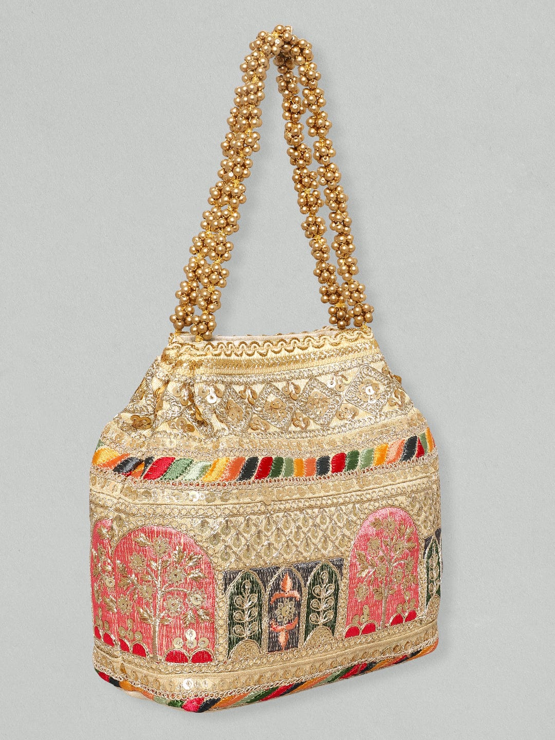 Rubans Cream Coloured Potli Bag With Multicoloured Embroidery Design Handbag &amp; Wallet Accessories