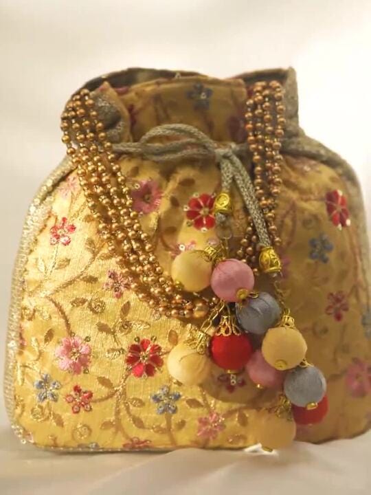 Rubans Cream Coloured Potli Bag With Multicoloured Print And Beads Handbag, Wallet Accessories & Clutches