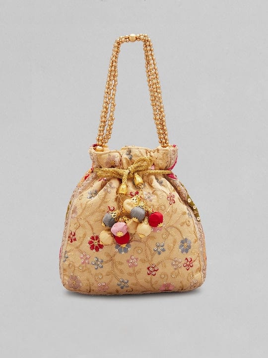 Rubans Cream Coloured Potli Bag With Multicoloured Print And Beads Handbag, Wallet Accessories & Clutches