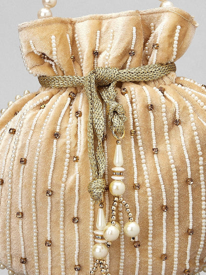 Rubans Cream Coloured Velvet Potli Bag With Pearls And Golden Beads Handbag &amp; Wallet Accessories