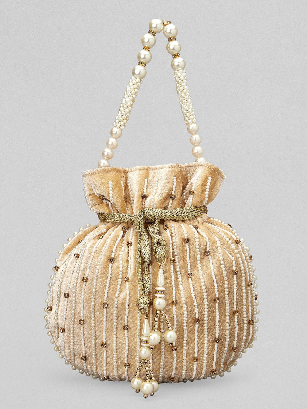 Rubans Cream Coloured Velvet Potli Bag With Pearls And Golden Beads Handbag & Wallet Accessories