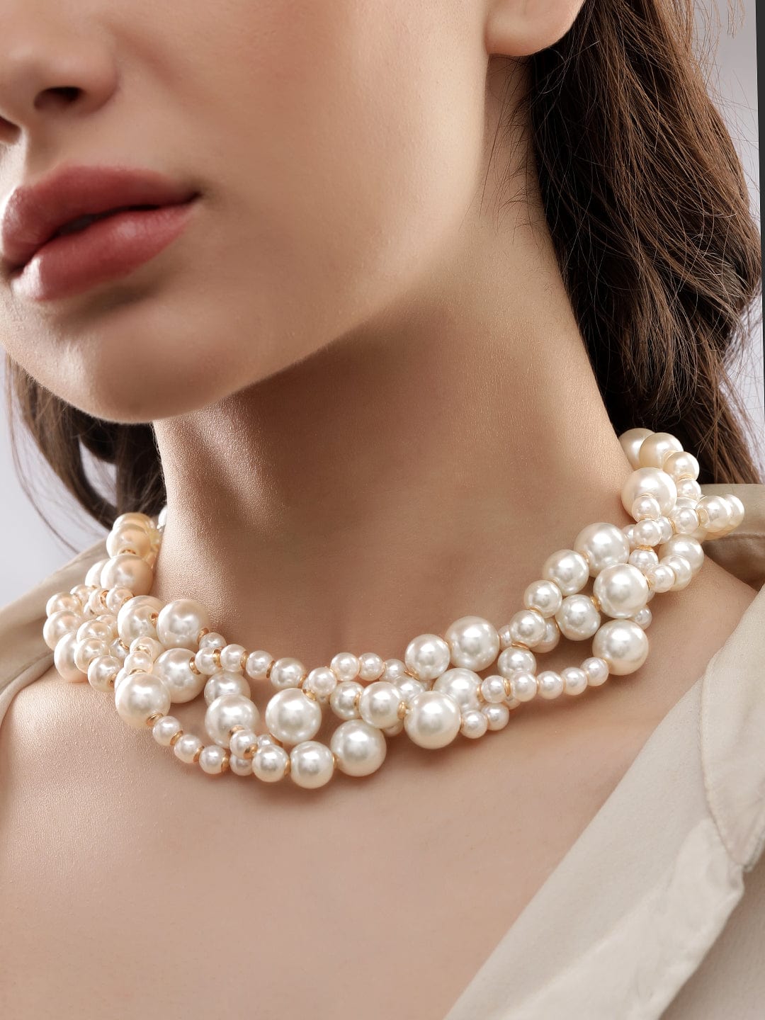 Rubans Cream Pearl Beaded Multilayered Chunky Necklace Necklaces
