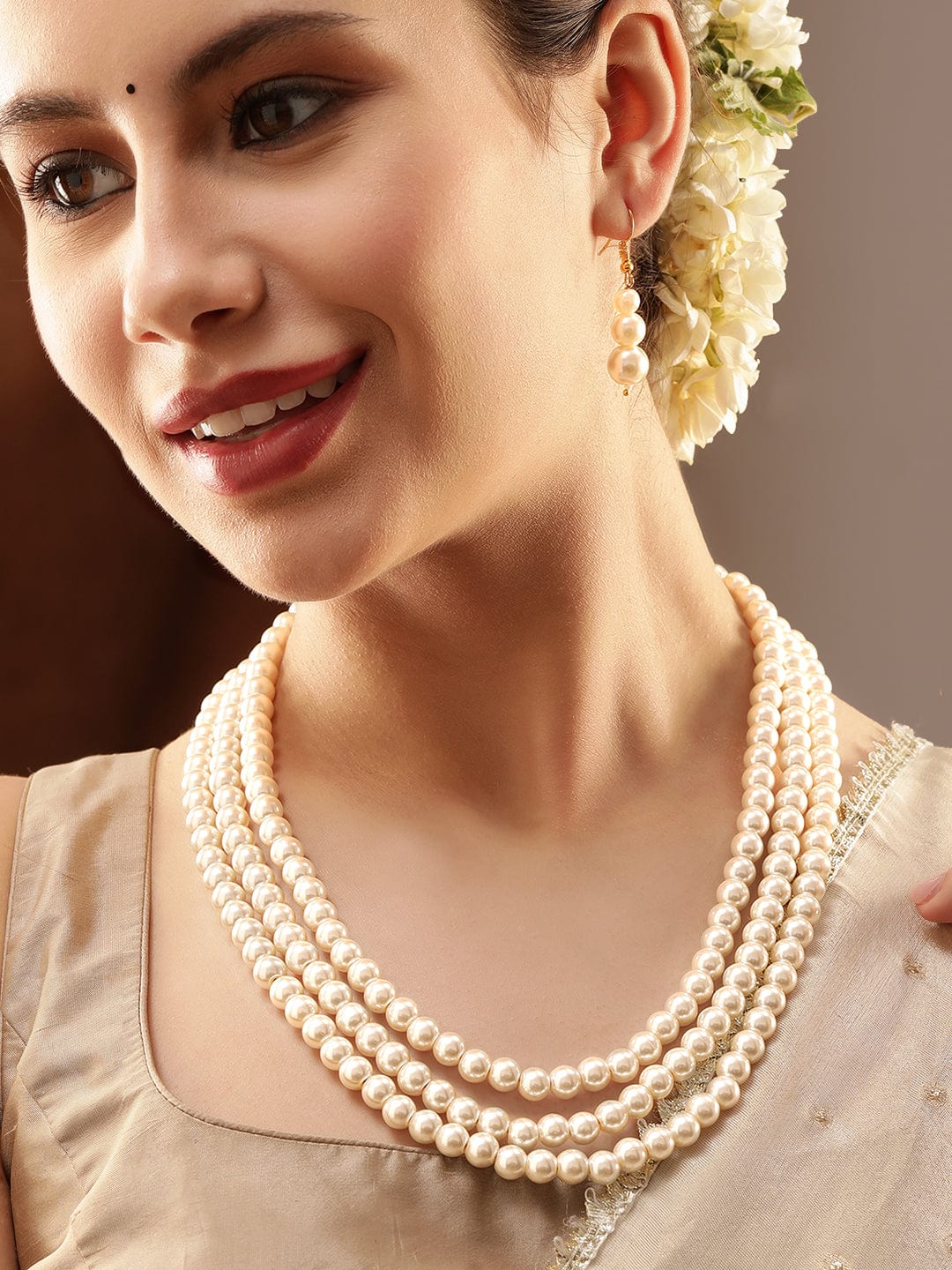 Rubans Cream tri layer pearl beaded choker necklace Set Jewellery Sets