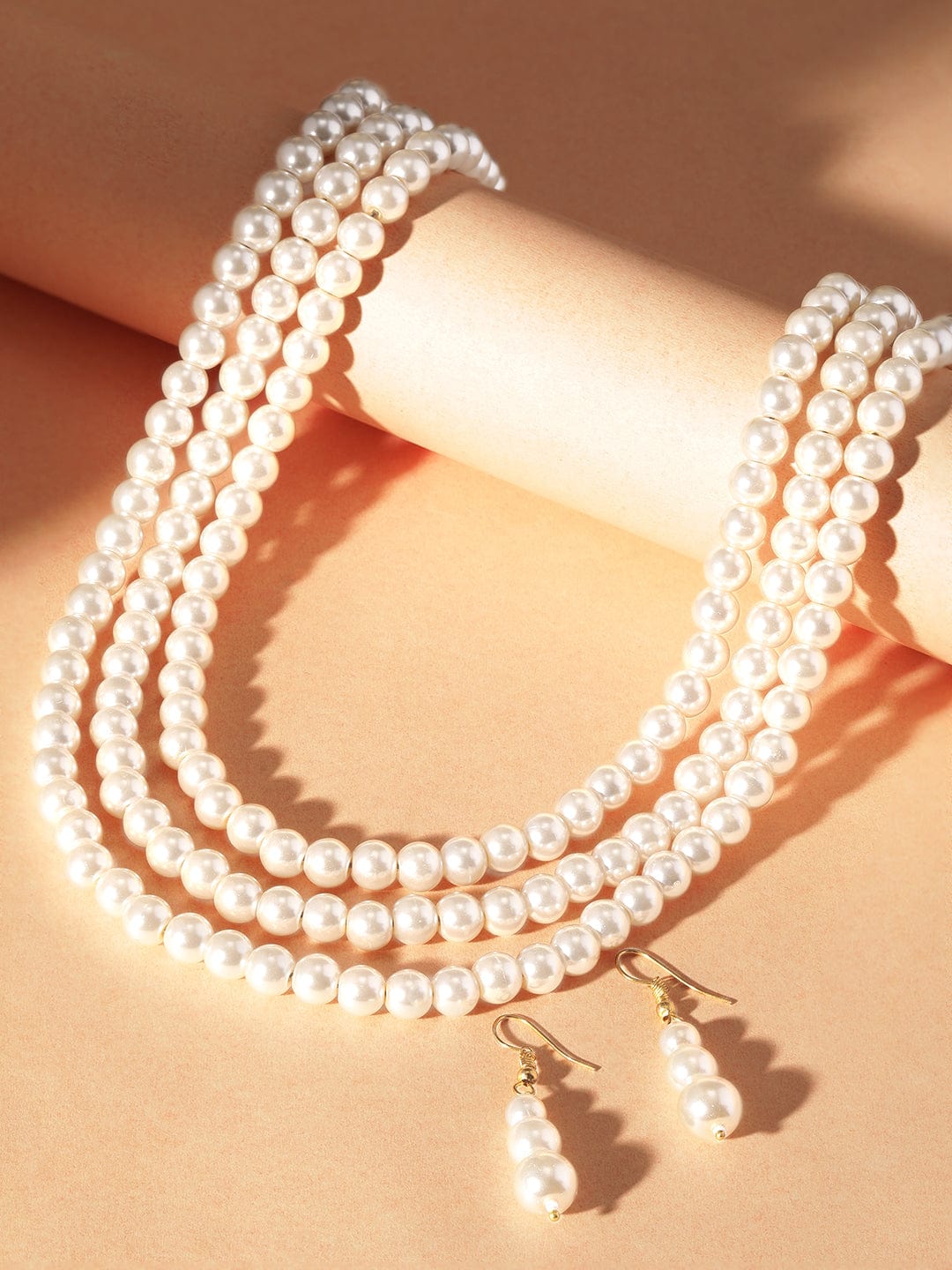 Rubans Cream Tri Layer Pearl Beaded Choker Necklace Set Jewellery Sets