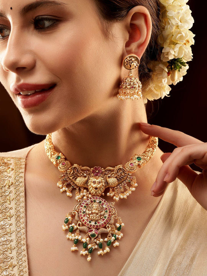 Rubans Divine Opulence: Gold-Plated Temple Necklace Set Jewellery Sets