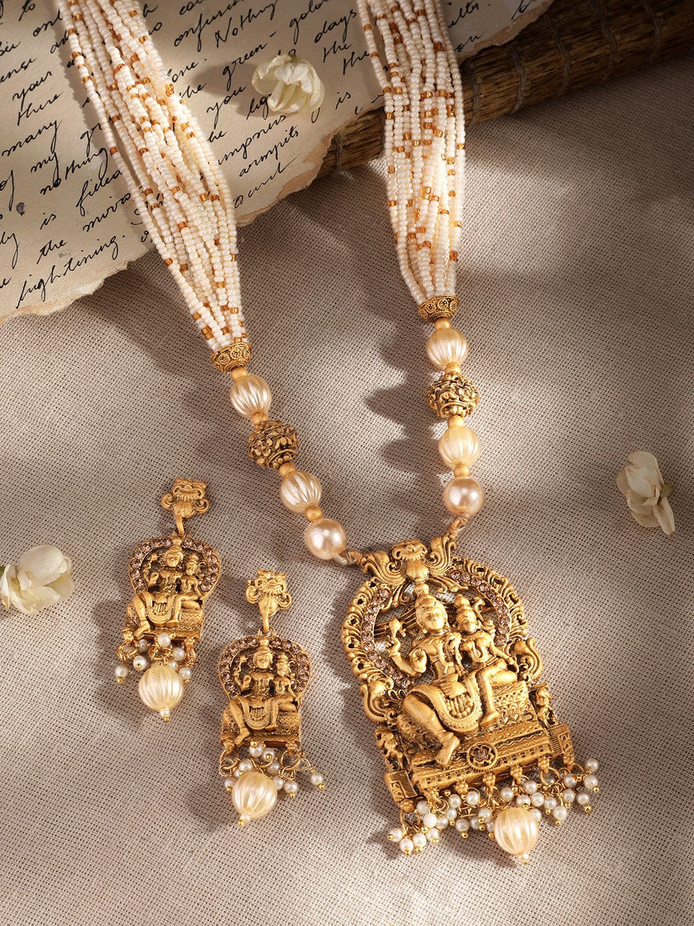 Rubans Divine Union: Lord Shiva and Parvathi Temple Jewellery with White Beads Chain Necklace Set Jewellery Sets