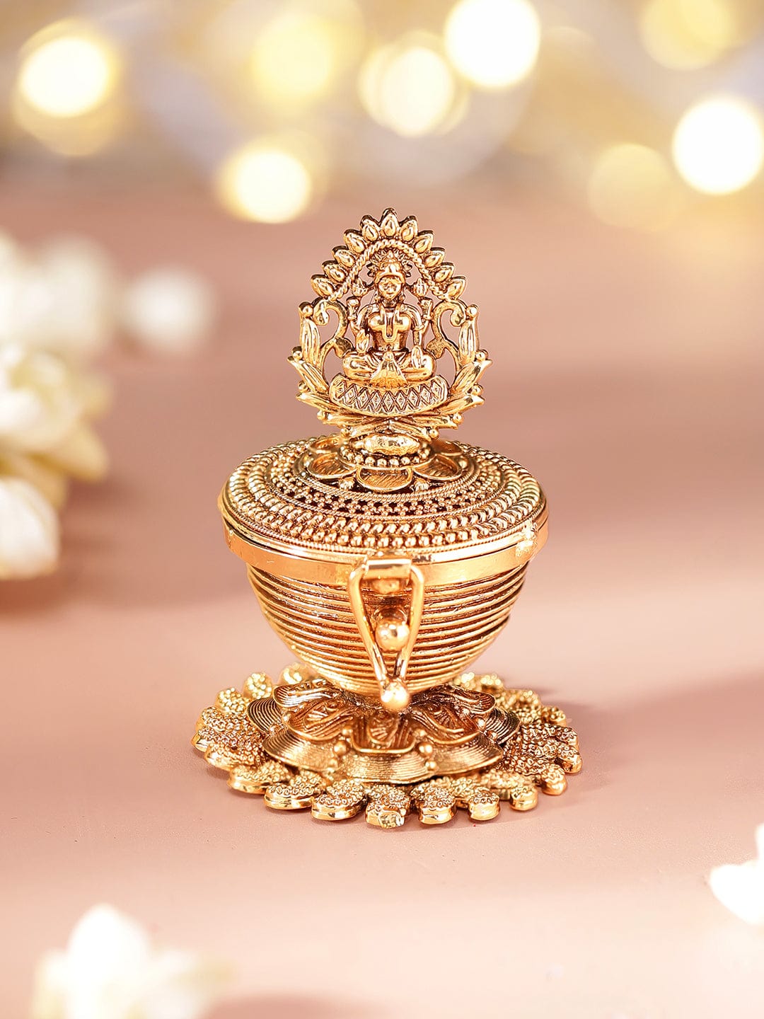 Rubans Elegant 24K Gold-Plated Kumkum Box with Laxmi Goddess Motif Kumkum Box