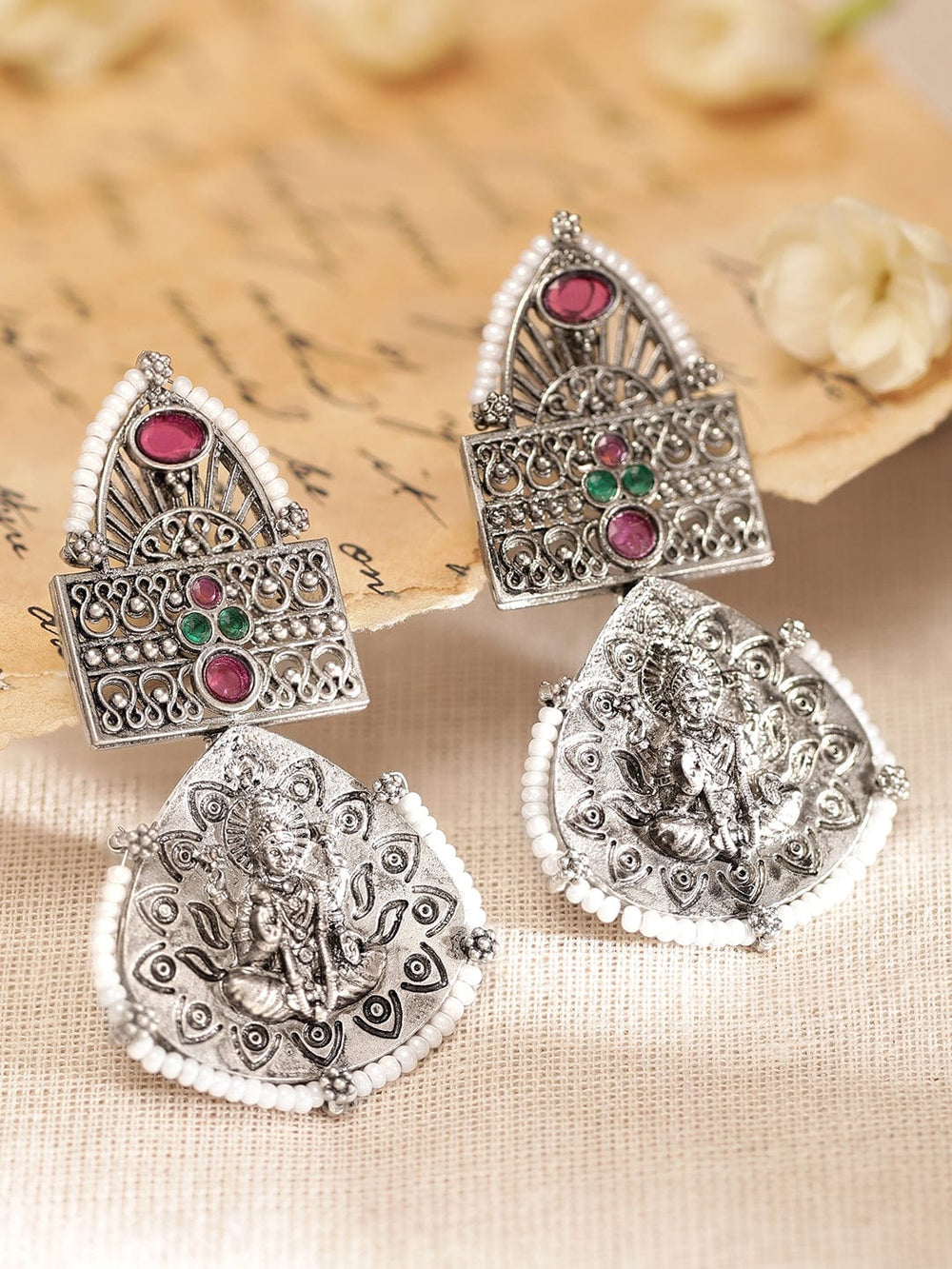 Rubans Enchanted Elegance Oxidized Silver Plated Kempstone Pearl Beaded Earrings Earrings