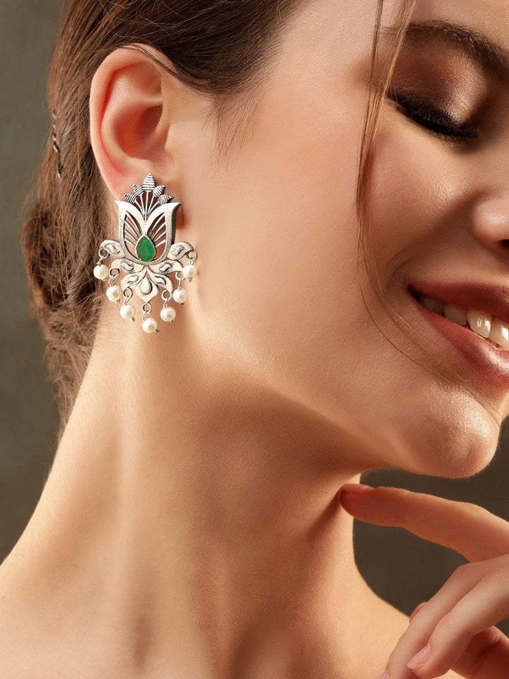 Rubans Enchanting Silver & Green Stone Oxidized Stud Earrings Earrings