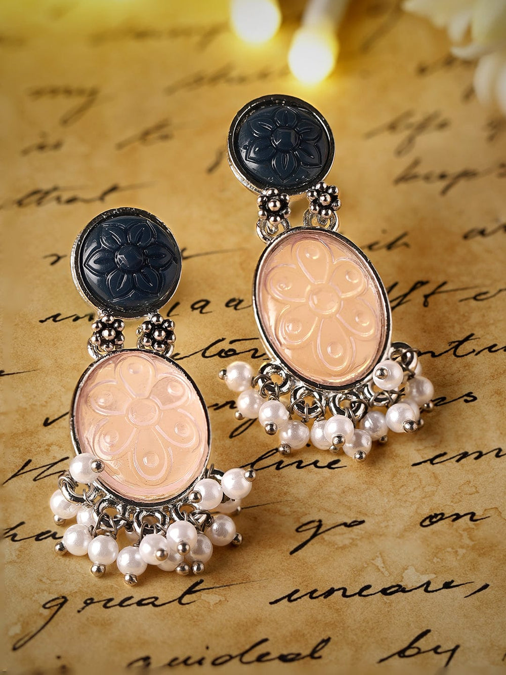 Rubans Engraved Gemstone & Pearl Elegance Oxidised Silver Plated Drop Earrings Earrings