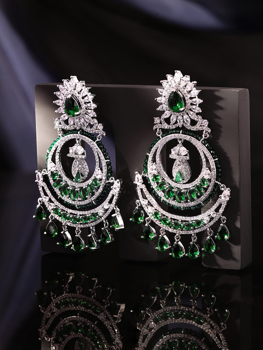 Rubans Exquisite Elegance Rhodium Plated Zirconia and Emerald studded Chandbali Earrings Earrings