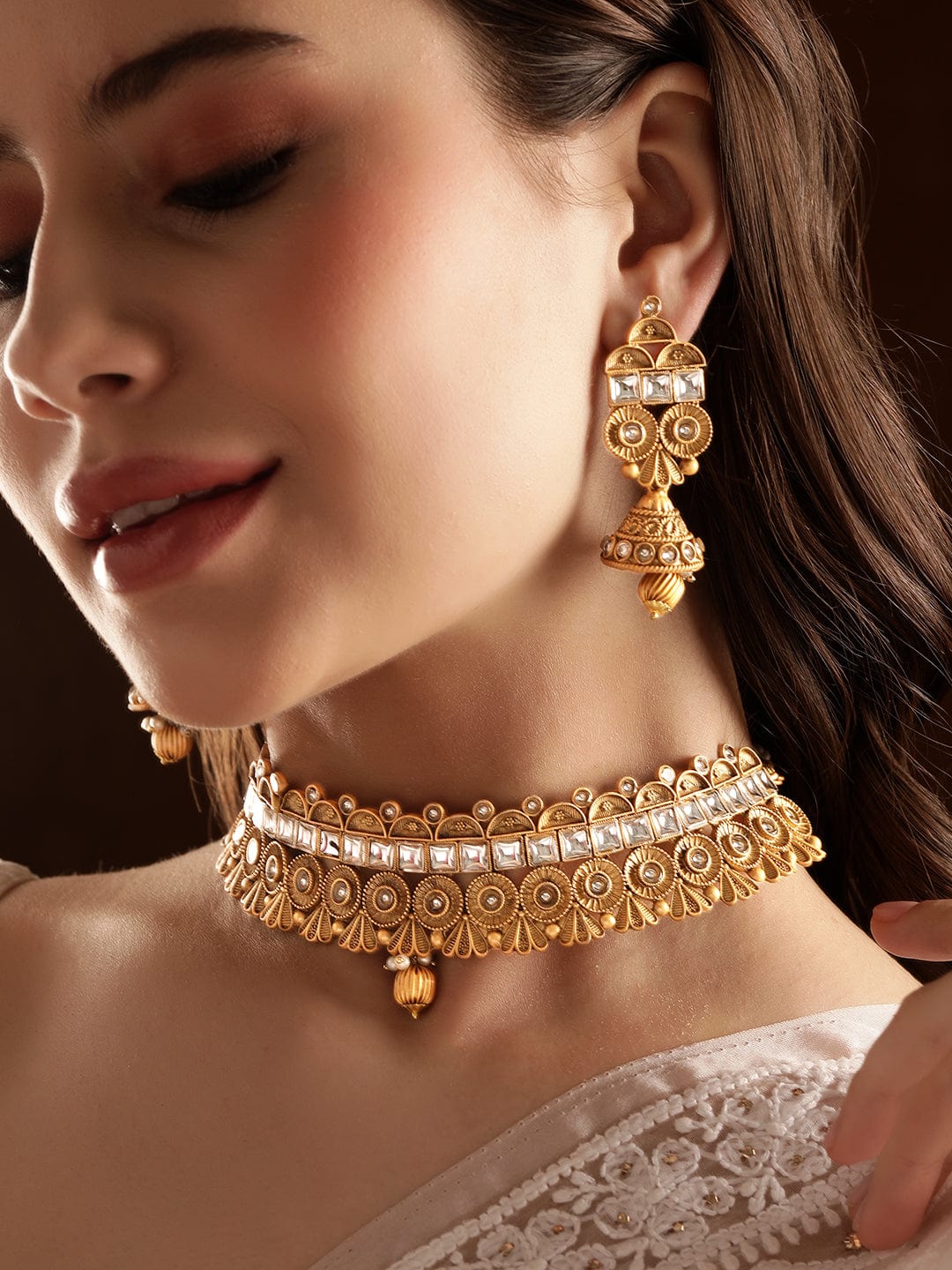 Rubans Exquisite Gold-toned choker set with white stone accents Jewellery Sets