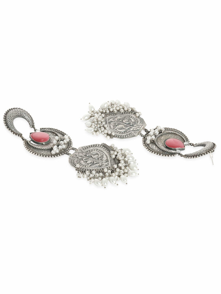 Rubans Exquisite Silver & Pink Stone Oxidized Shoulder Duster Earrings Earrings