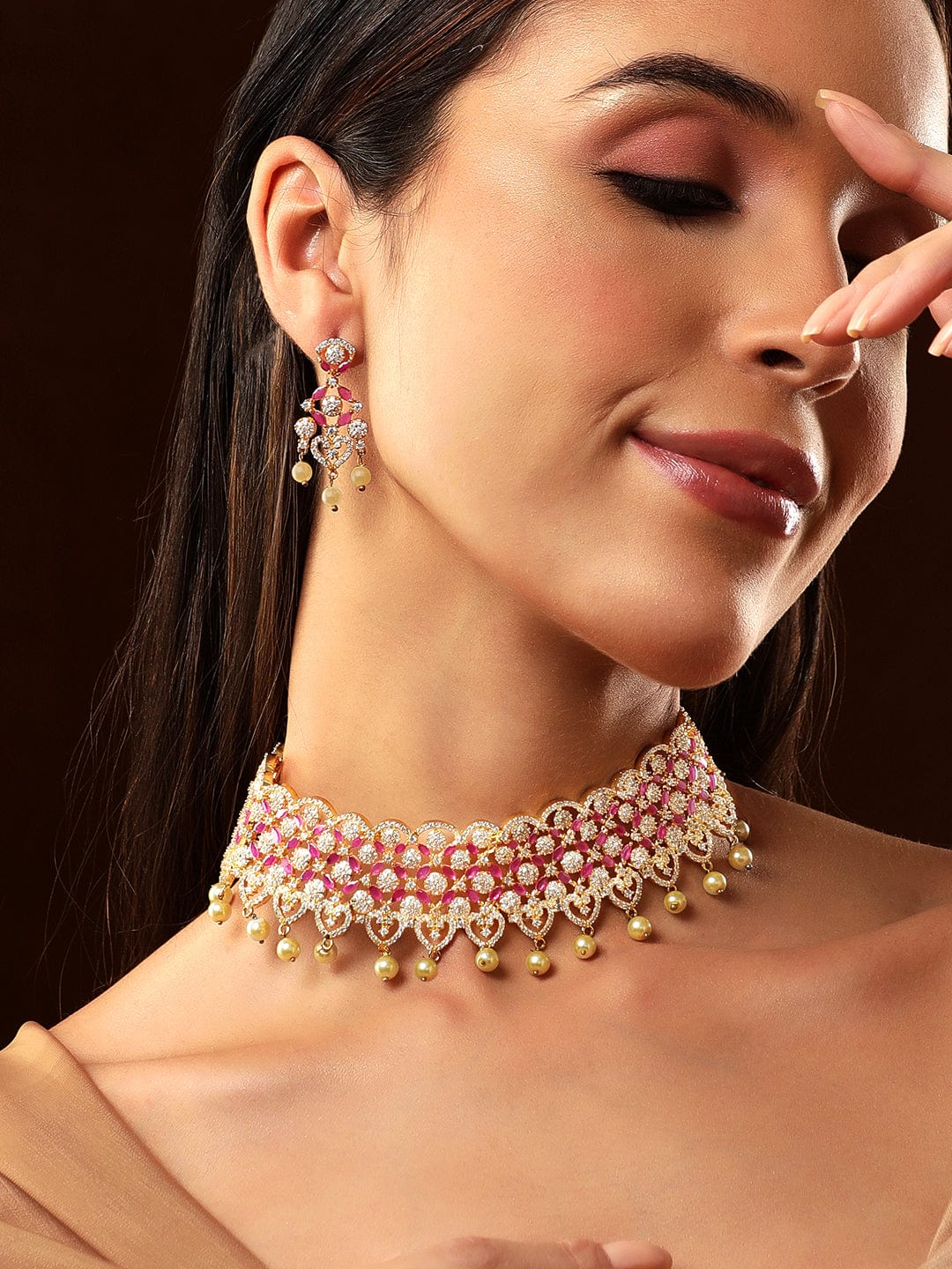 Rubans Finely Handcrafted Gold Plated CZ and Faux Ruby And Pearl Studded Statement Choker Necklace Set Necklace Set
