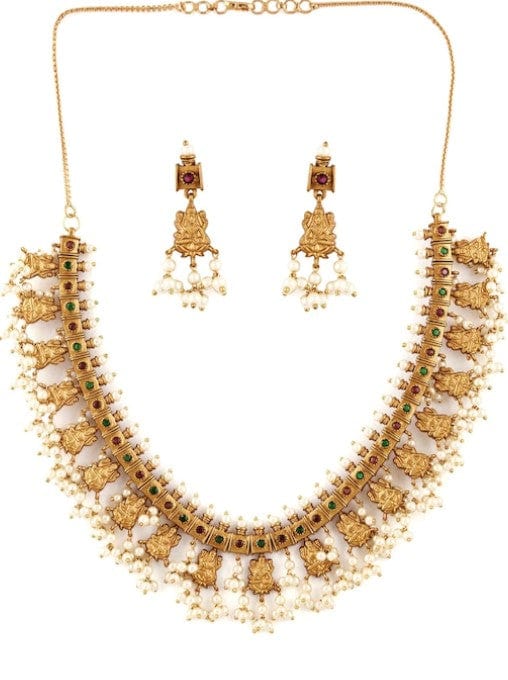 Rubans Finely Handcrafted Gold Plated Faux Ruby Studded Pearl Embellished Necklace Set Necklace Set