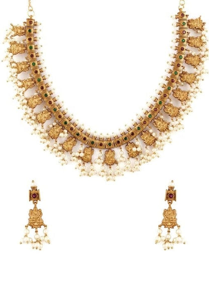Rubans Finely Handcrafted Gold Plated Faux Ruby Studded Pearl Embellished Necklace Set Necklace Set