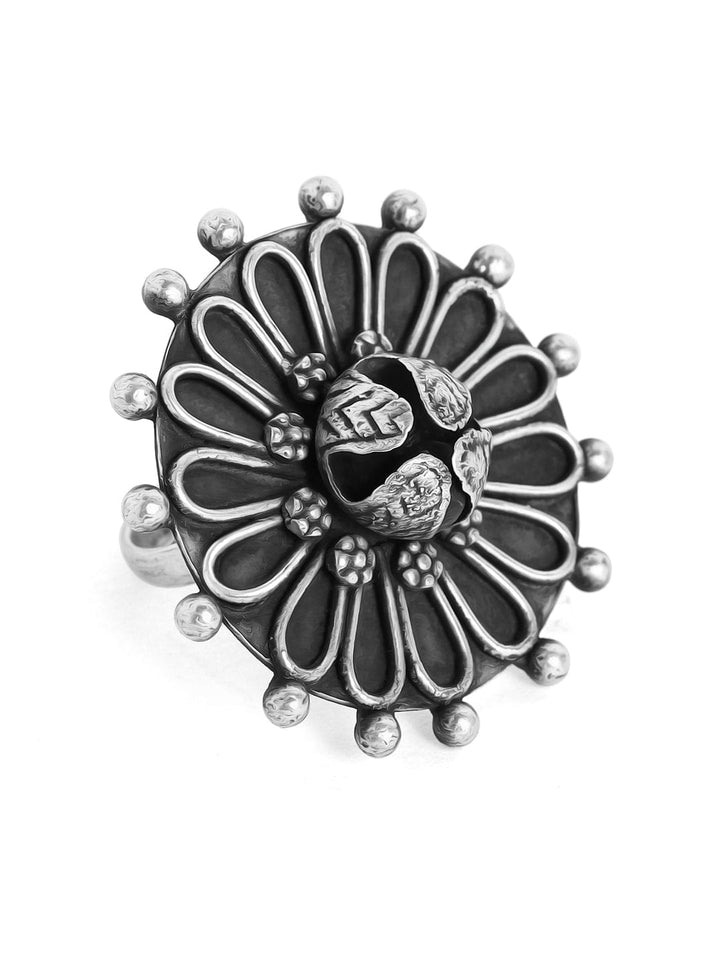 Rubans Floral Oxidised Filigree Handcrafted Silver Plated Ghungru Finger Ring Rings