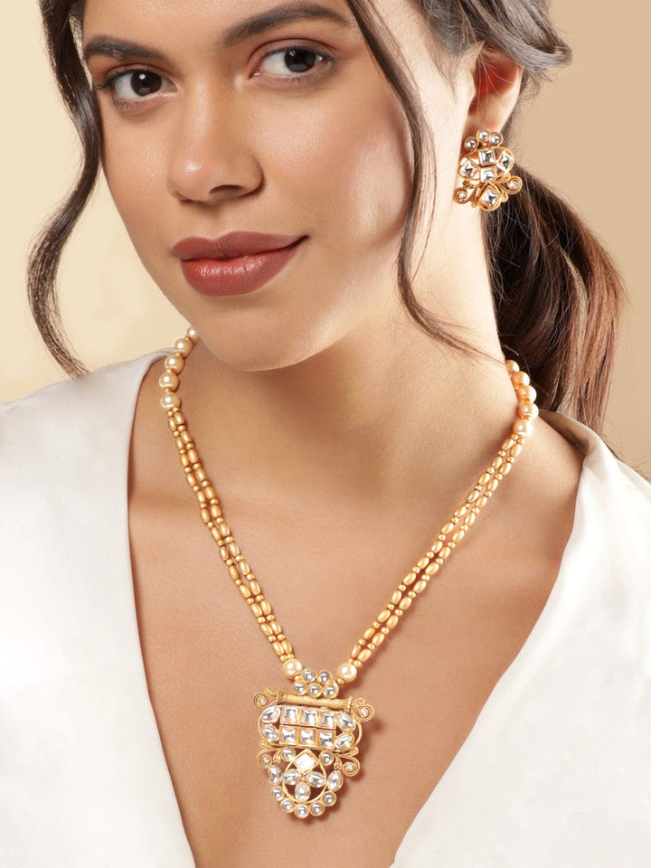 Rubans Gold and White Beads Chain with Gold-Toned Stone Pendant Necklace Set Jewellery Sets
