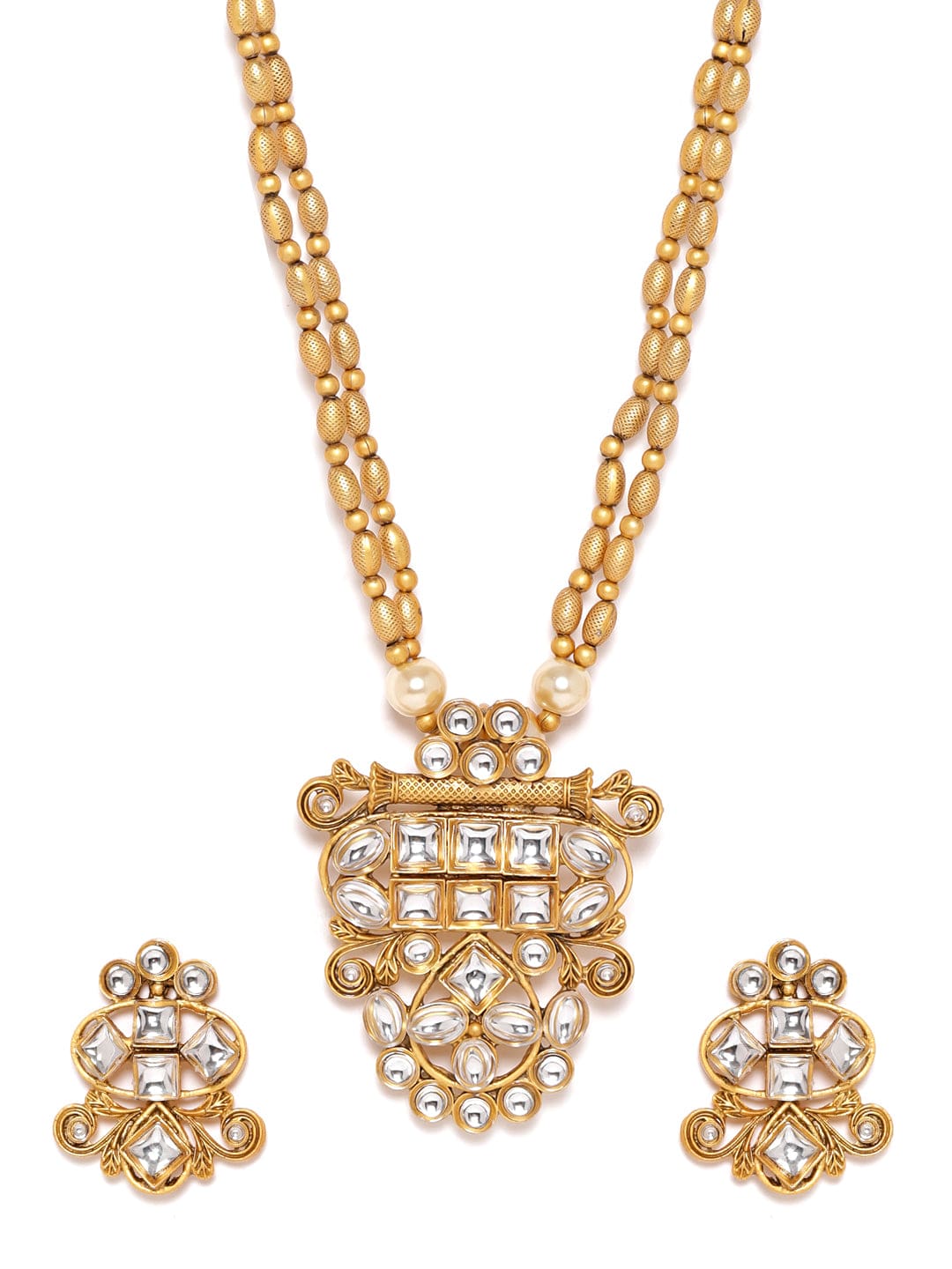 Rubans Gold and White Beads Chain with Gold-Toned Stone Pendant Necklace Set Jewellery Sets