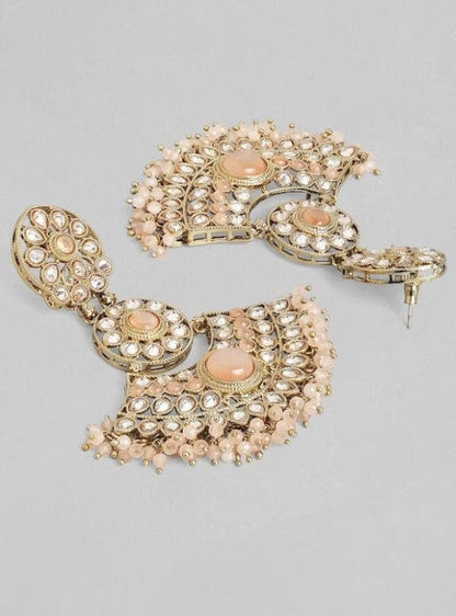 Rubans Gold Plated AD Studded Peach Colour Chandbali Earrings Earrings