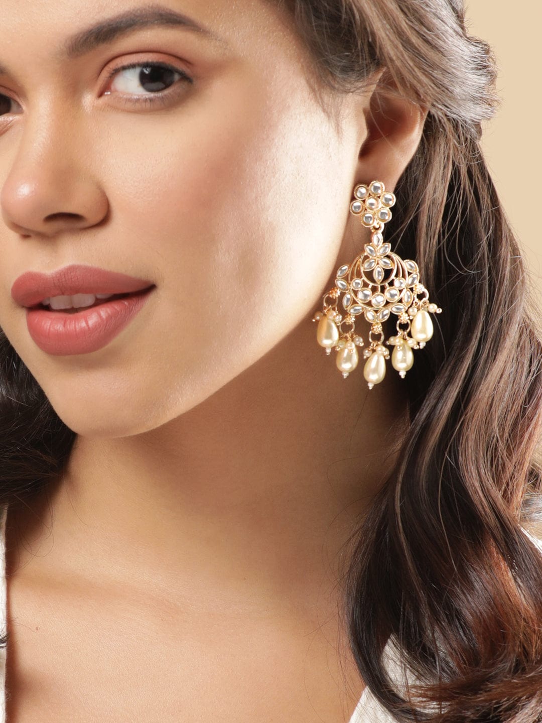 Rubans Gold-Plated Artificial Stones and Beads Studded Jhumkas Earrings Earrings