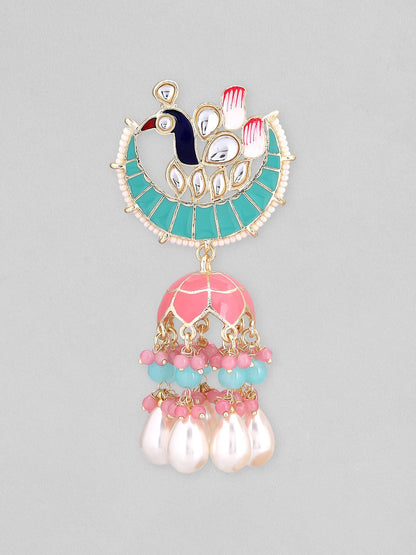 Rubans Gold Plated Chandbali Earrings With Pink And Green Enamel And Pearls. Earrings