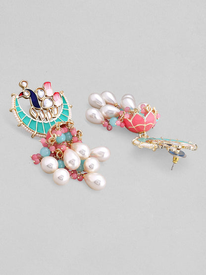 Rubans Gold Plated Chandbali Earrings With Pink And Green Enamel And Pearls. Earrings