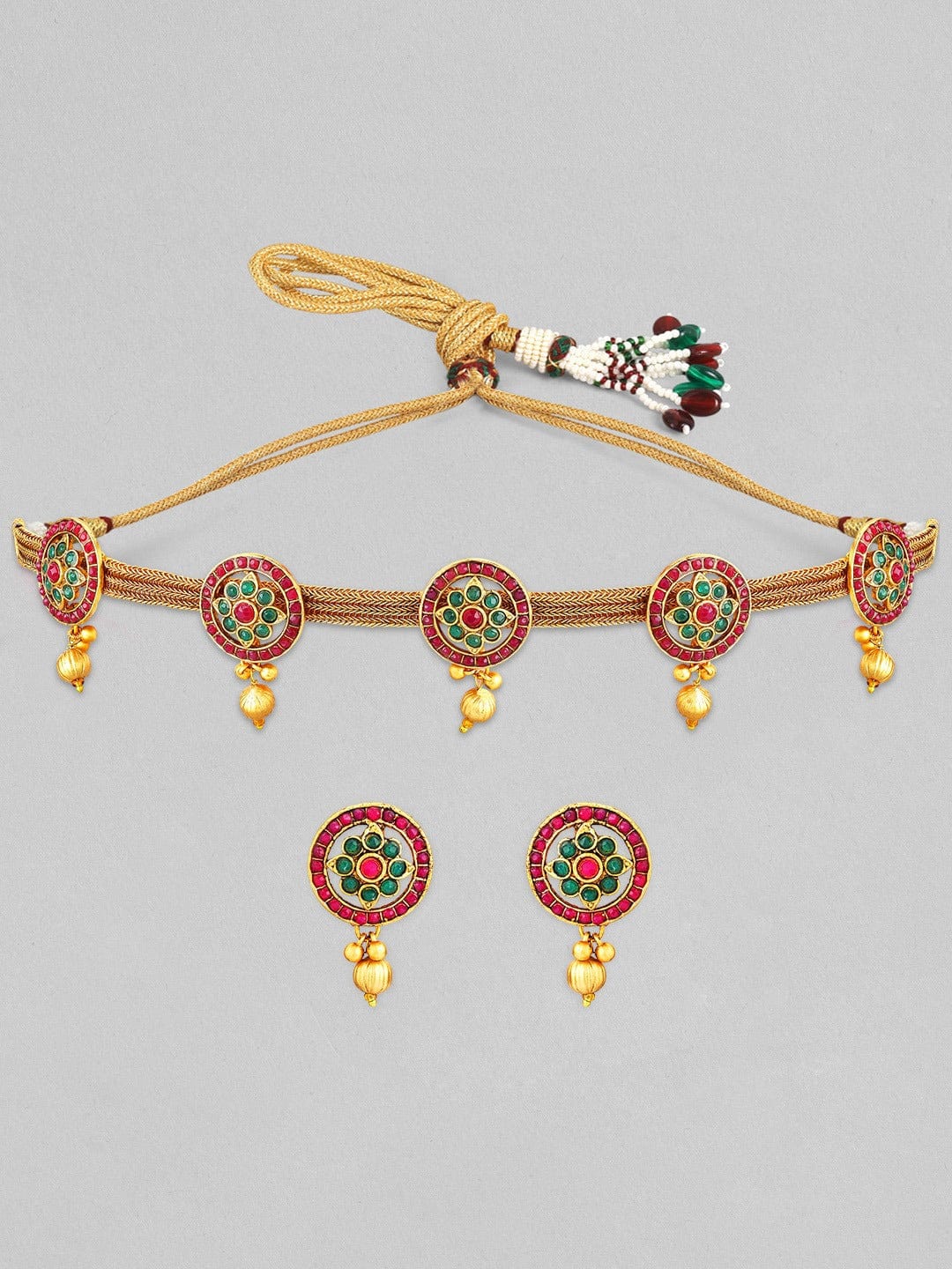 Rubans Gold Plated Choker Necklace Set With Red And Green Stones And Golden Beads. Necklace Set